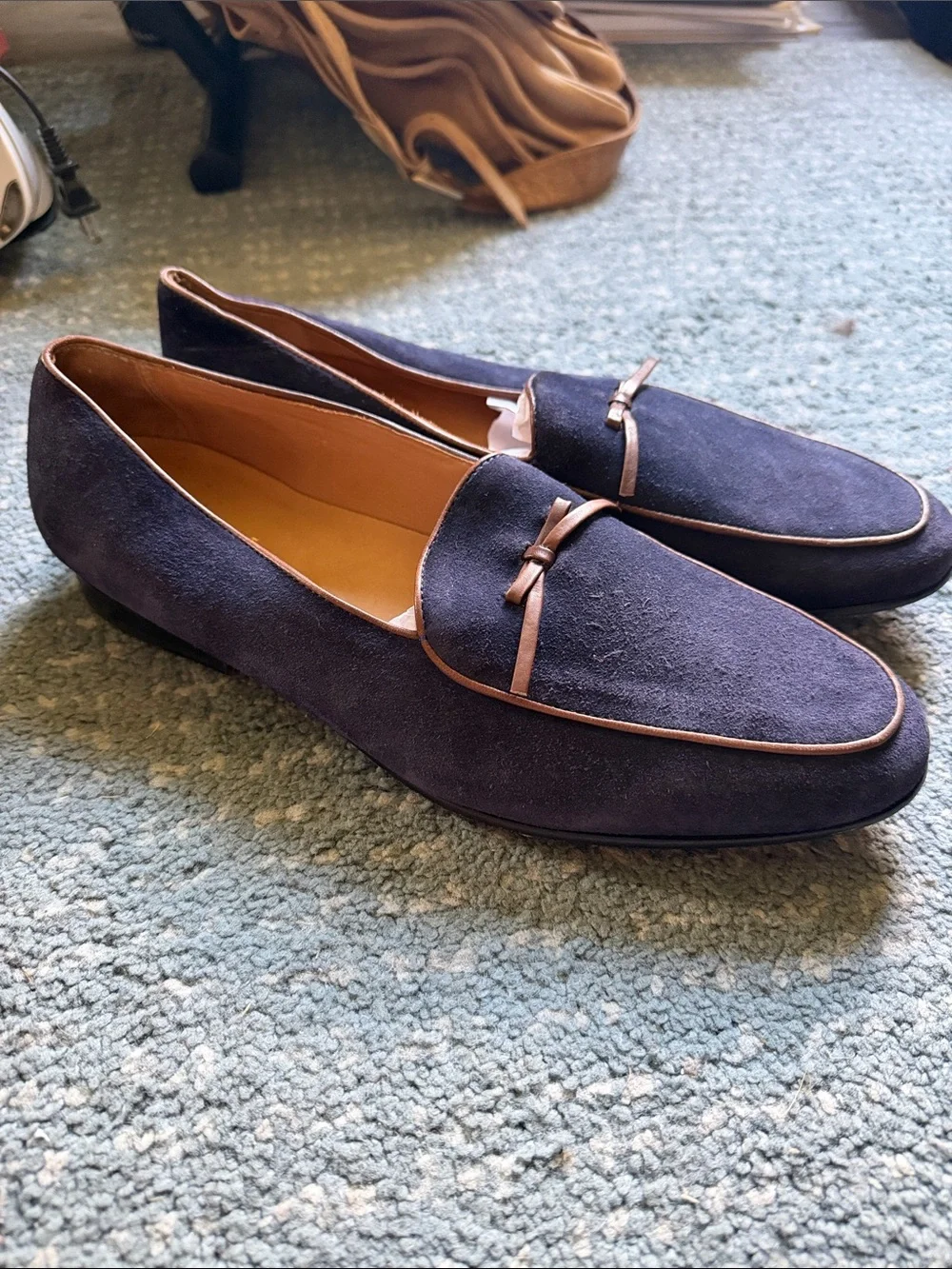 3DM Men's Suede Loafers in Navy with Brown Trim